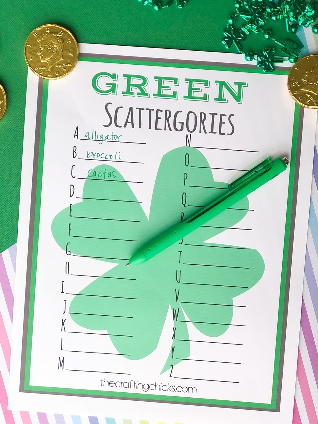 St. Patrick's Day GREEN Scattergories *Free Printable on green and rainbow background with gold coins