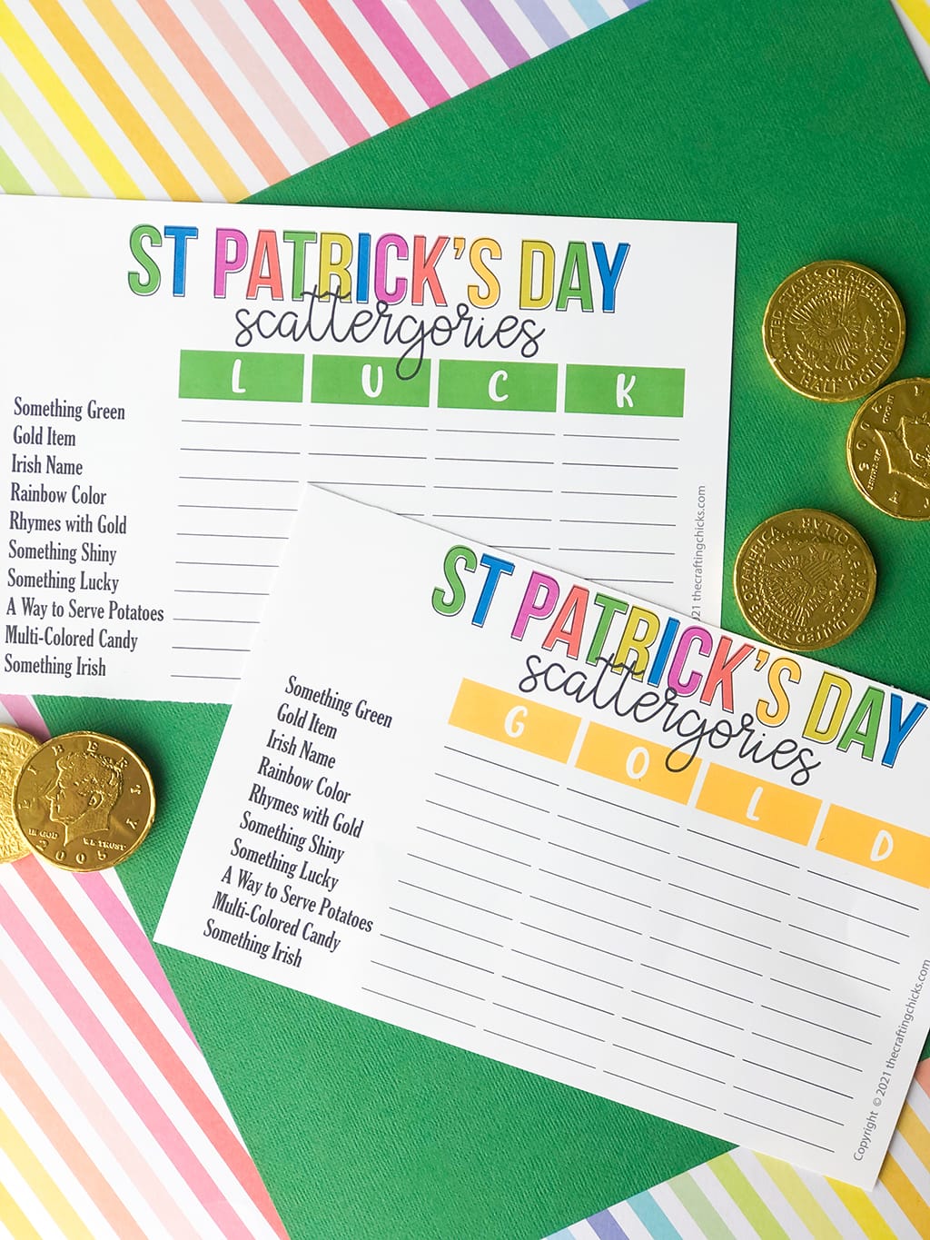 St. Patrick's Day Scattergories on a rainbow colored, and a green paper background with gold coins around.