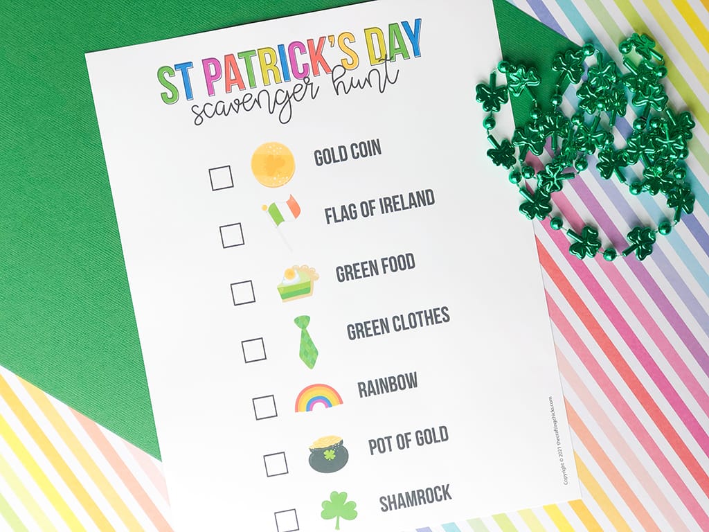 St. Patrick's Day Scavenger Hunt on a green and rainbow background