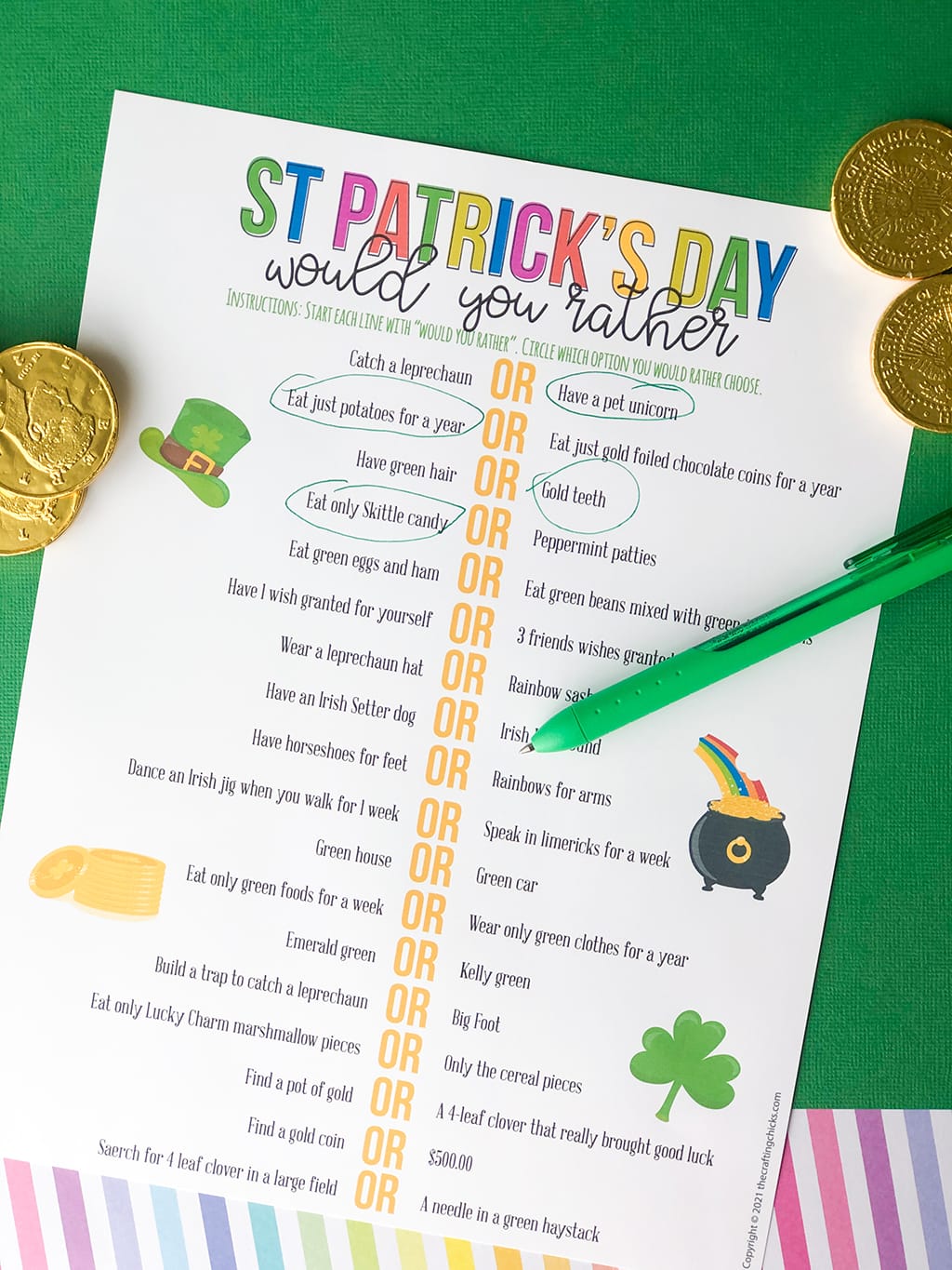 St. Patrick's Day Would You Rather on a rainbow colored, and a green paper background with gold coins around.