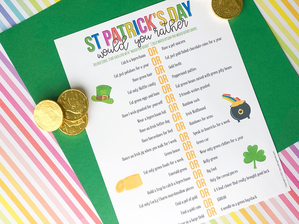 St. Patrick's Day Would You Rather on a rainbow colored, and a green paper background with gold coins around.