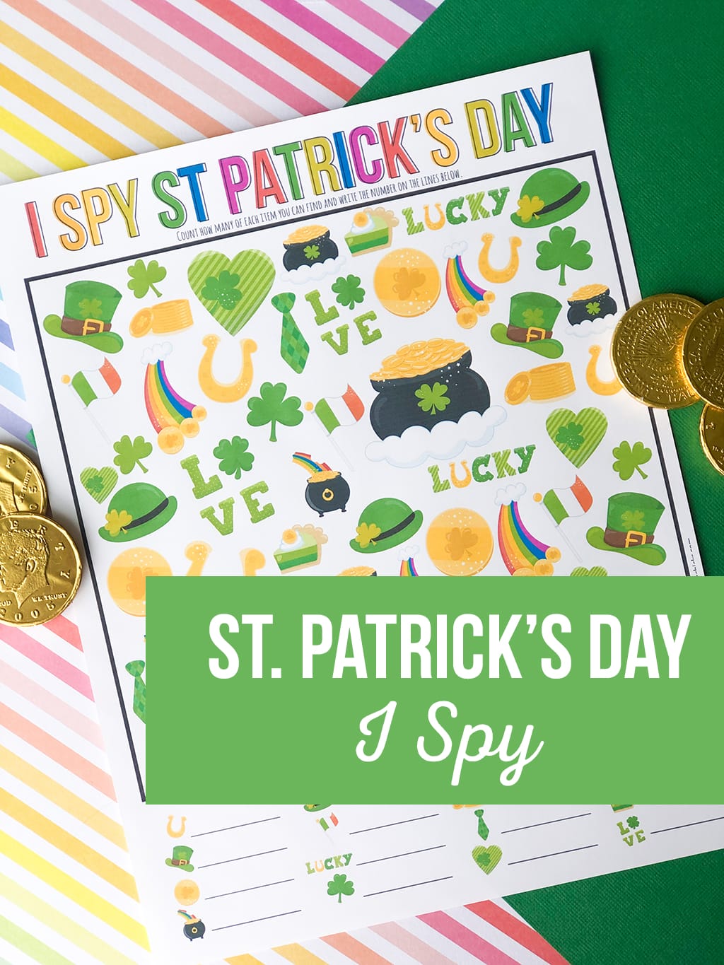 St. Patrick's Day I Spy Printable Game on a rainbow colored, and a green paper background with gold coins around.