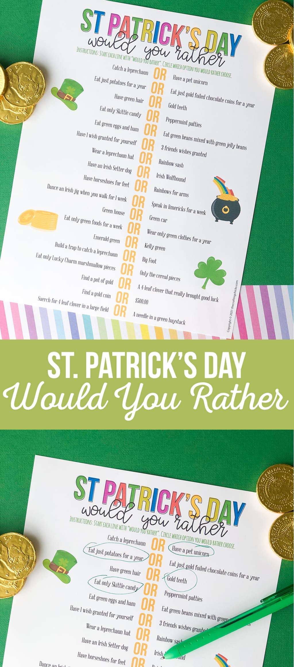 St. Patrick's Day Would You Rather printable on a green and rainbow background
