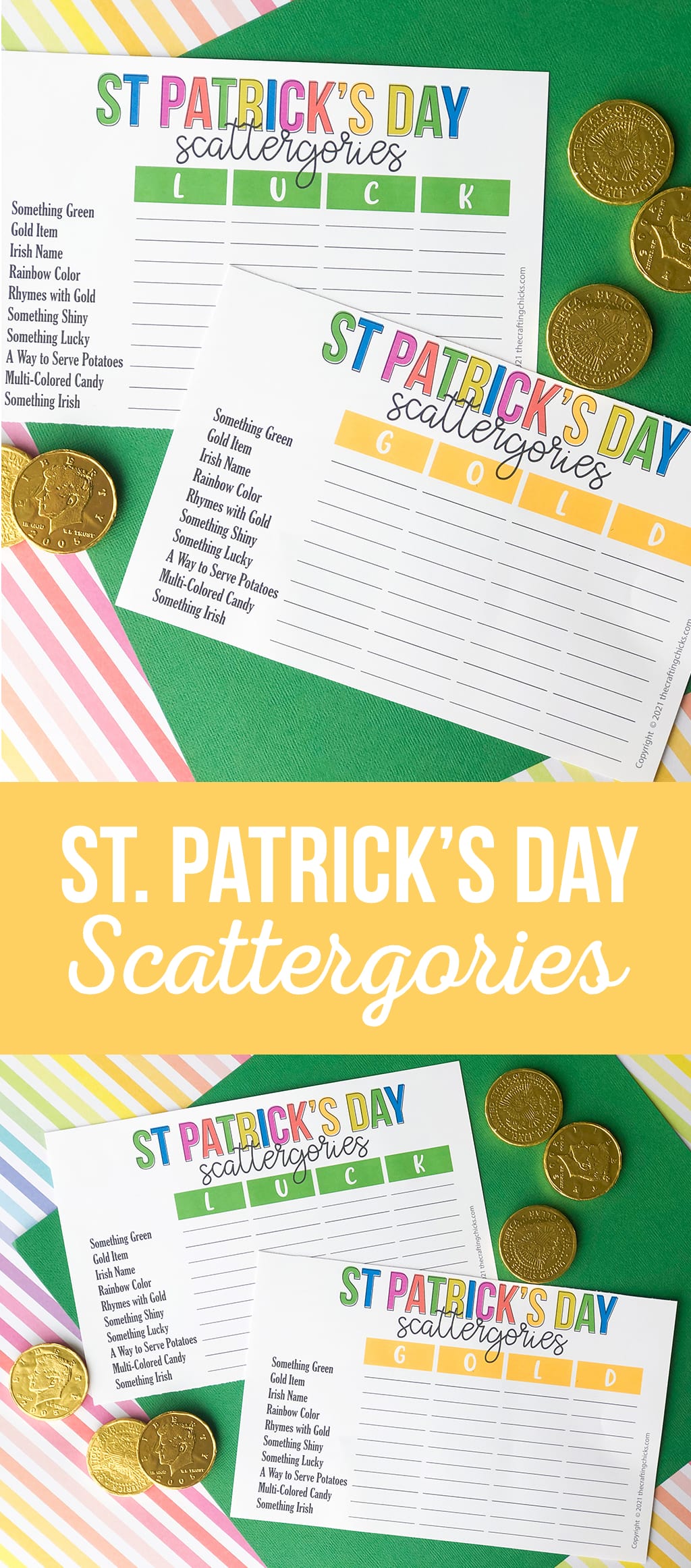 St. Patrick's Day Scattergories Printable Game on a green and rainbow background
