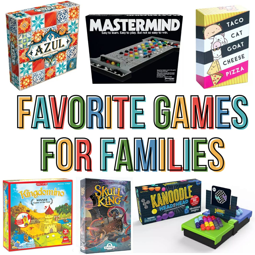 Several board and card game cover images on a white background. Games include Azul, Mastermind, Taco Cat Goat Cheese Pizza, Kingdomino, Skull King, and Kanoodle.