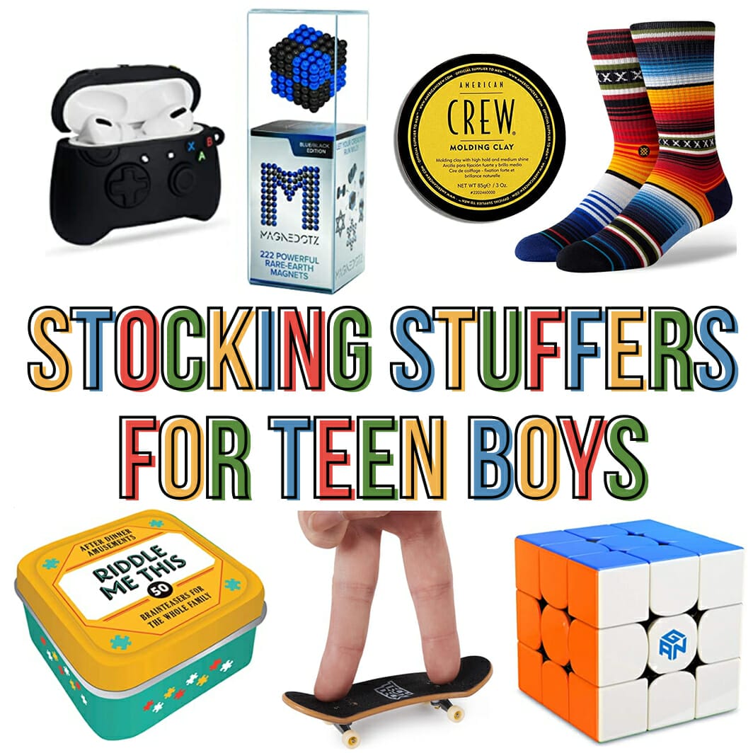 Stocking Stuffers for Teen Boys with images of gift ideas on white background